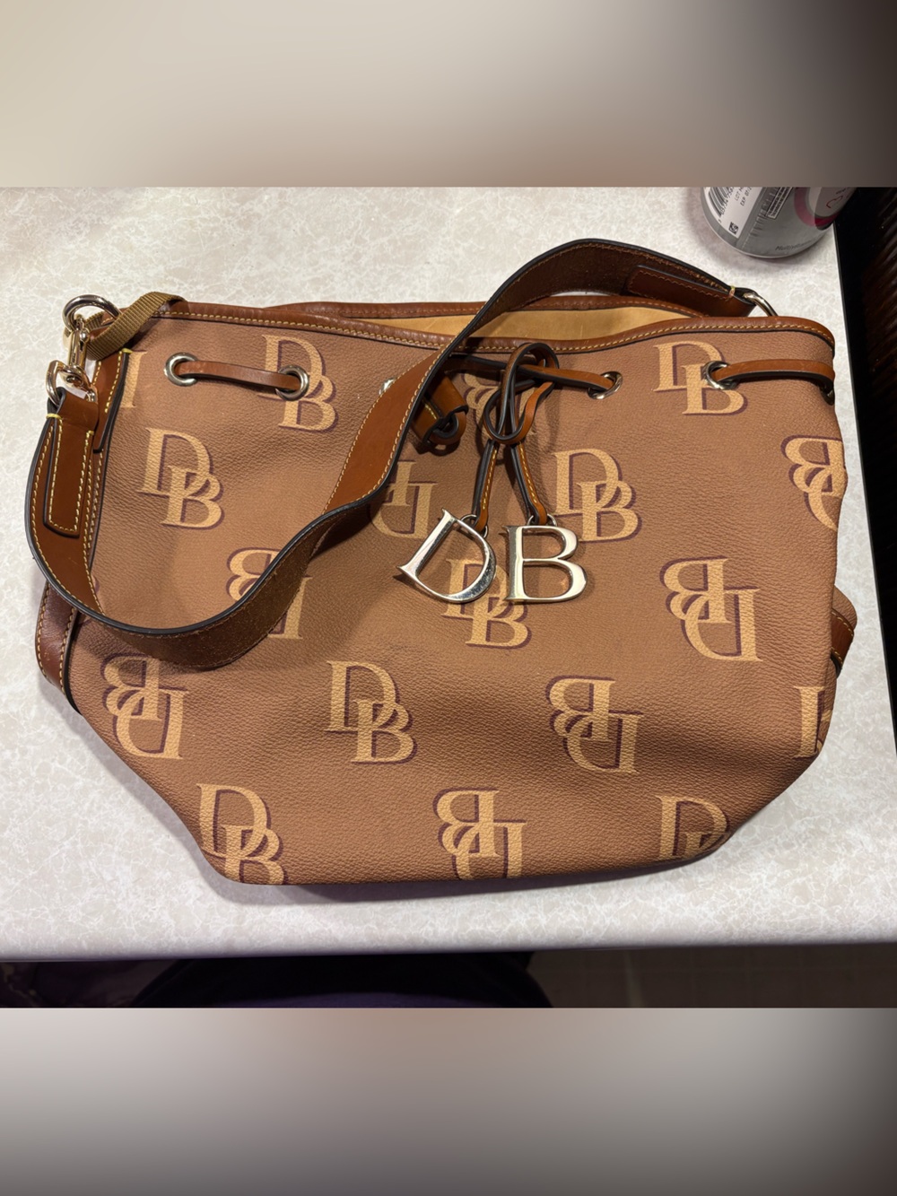 Dooney & Bourke Two-Tone Brown Logo Shoulder Bag with DB Charm